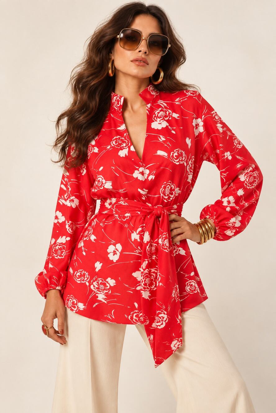 Vintage 70s Anna of California Red & White Floral Tunic Blouse Top 11/12 M/L